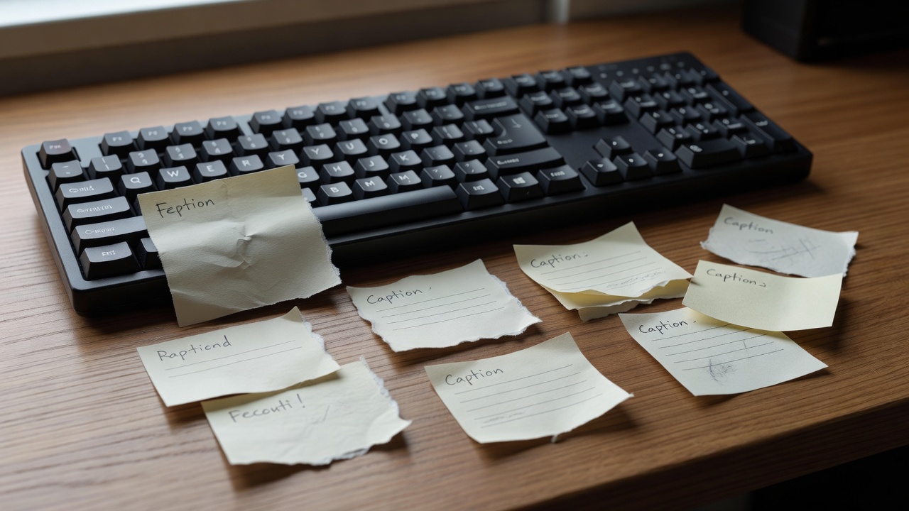 Handwritten caption ideas and paper labels arranged beside a keyboard