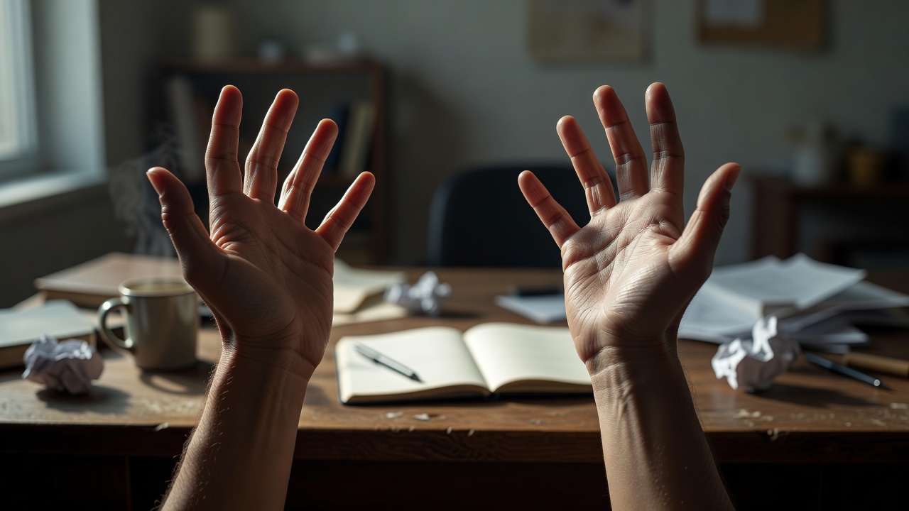 Open hands raised over a desk in a gesture of disbelief