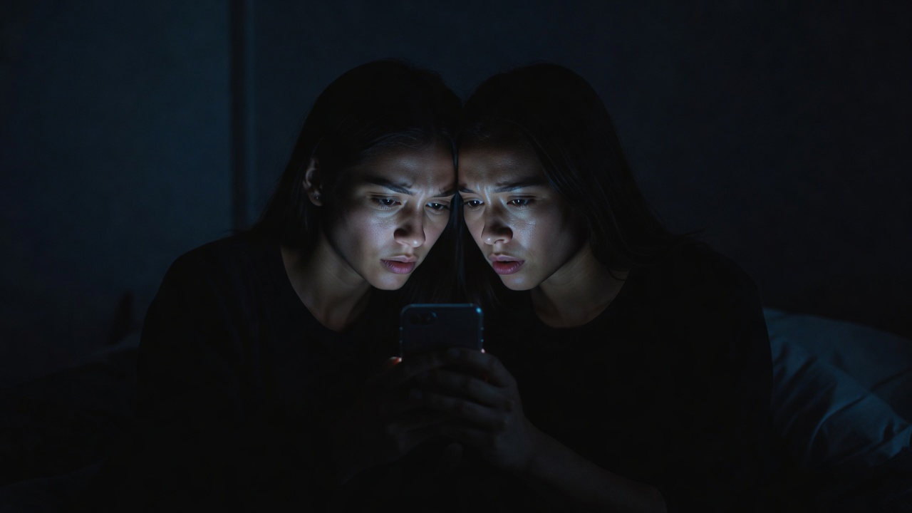 Two people looking at a phone held between them in a shadowed room
