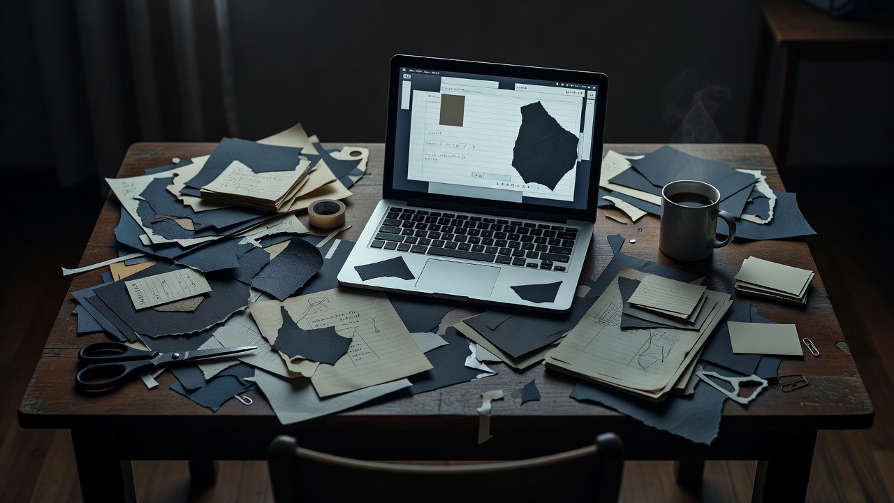 Cut paper, handwritten notes and a laptop arranged for a late-night editing session