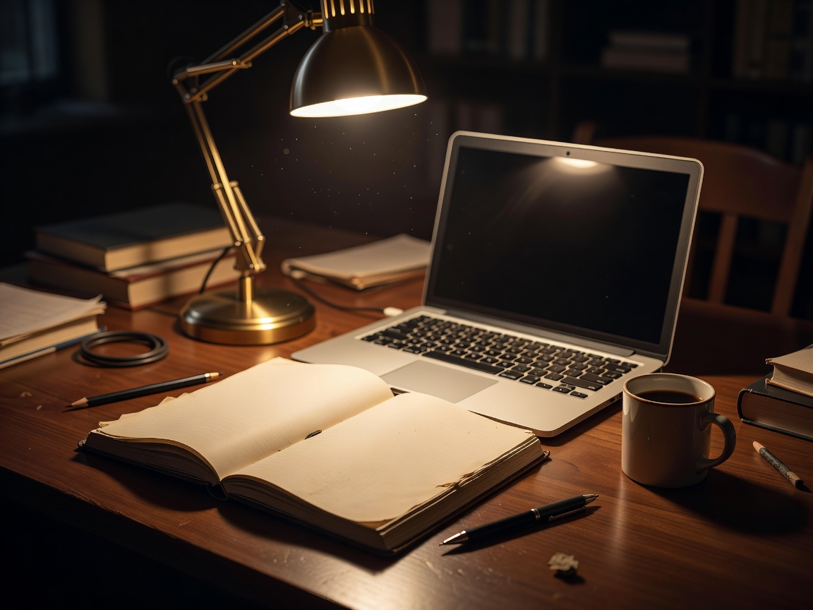 An open research notebook and laptop under a warm desk lamp